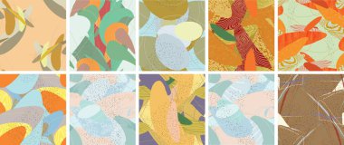 Soyut vektörsüz şablon ayarlandı. Organik grunge, üst üste binen dalgalı şekiller ve çizgiler. El yazısıyla çizilmiş pastel renkli arka plan. Çizgili noktalı yaprak formları. Düz tekstil kumaşı.