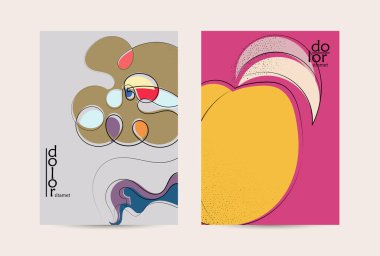 Retro düz renkli organik gıda broşürü. El çizimi meyve çizgisi logosu tasarımı. Yumuşak kıvrımlı grange desenli bitkisel çizgi çizgi. Sağlıklı beslenme broşürü düzeni.