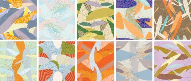 Soyut vektörsüz şablon ayarlandı. Organik grunge, üst üste binen dalgalı şekiller ve çizgiler. El yazısıyla çizilmiş pastel renkli arka plan. Çizgili noktalı yaprak formları. Düz tekstil kumaşı.