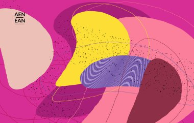 Minimum soyut vektör kaplama şablonu. Organik grunge, üst üste binen dalgalı şekiller ve çizgiler. El yazısıyla çizilmiş pastel renkli arka plan. Çizgili noktalı yaprak formları. Çağdaş tasarım.