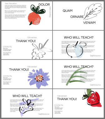 Elle çizilmiş meyve ve karalamalarla web sunum şablonu düzeni. Pazarlama teknolojisi için minimum modern tasarım