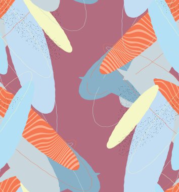Soyut vektör kusursuz desen. Organik grunge, üst üste binen dalgalı şekiller ve çizgiler. El yazısıyla çizilmiş pastel renkli arka plan. Çizgili noktalı yaprak formları. Düz tekstil kumaşı. 