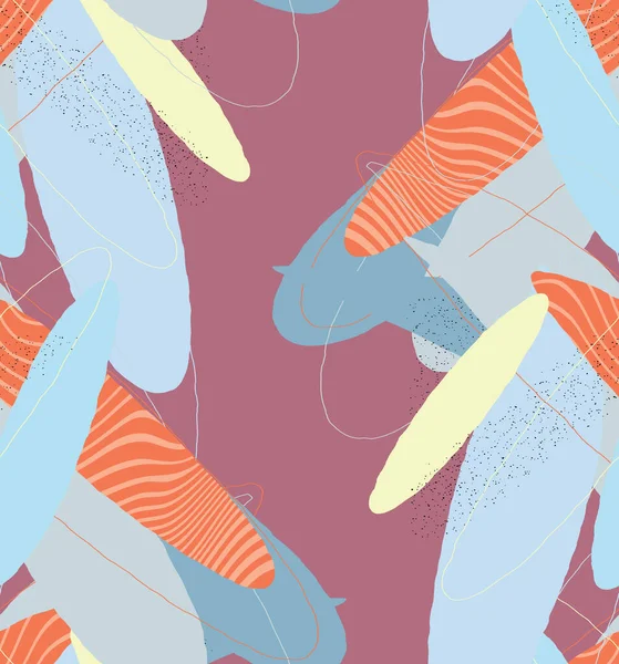 Abstract vector seamless pattern. Organic grunge textured overlapping wavy shapes and lines. Scribbled hand drawn pastel colored background. Striped dotted leaf forms. Flat textile swatch. 