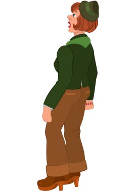 çizgi film yeşil ceket kahverengi pantolon ve yeşil hat kadında