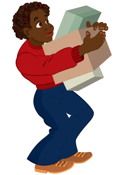 Cartoon black man in red sweater holding boxes — Stock Vector