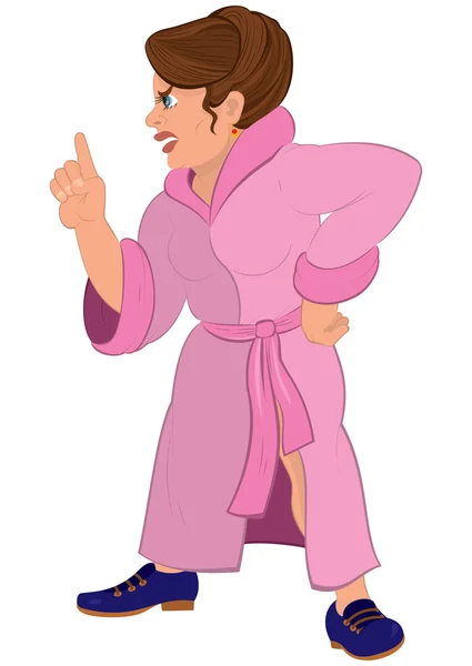 Cartoon angry woman in pink robe and blue shoes — Stock Vector