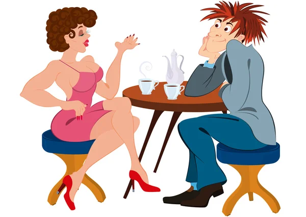 Pareja de dibujos animados sentada cerca de la mesa y tomando café — Vector de stock