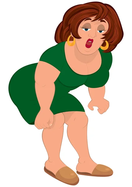 Λίπος γυναίκα κινουμένων σχεδίων στο πράσινο φόρεμα άρση κάτι — Διανυσματικό Αρχείο