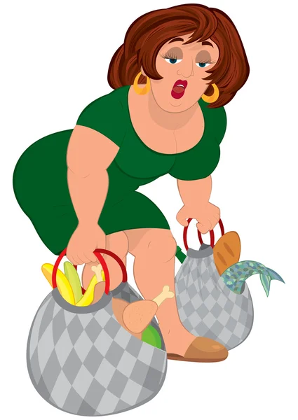 çizgi film yeşil giysili bakkal torbaları kaldırma şişman kadın