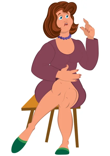 Mujer gorda de dibujos animados en vestido púrpura sentado en el taburete — Vector de stock