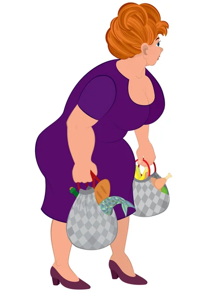 Cartoon fat woman in purple dress with groceries bags — Stock Vector