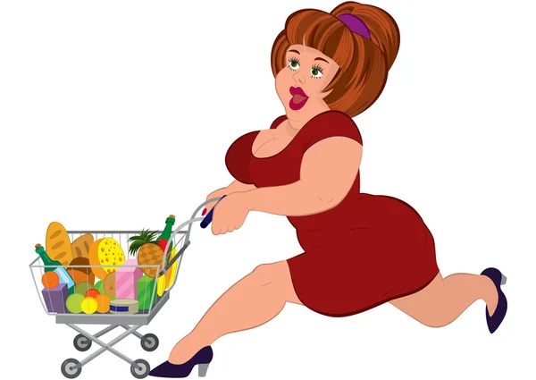 Cartoon fat woman in red dress running with grocery cart — Stock Vector