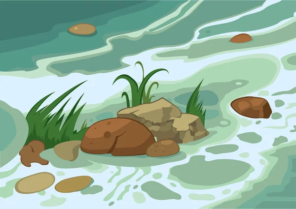 Piedras de hierba de dibujos animados y arroyo — Vector de stock