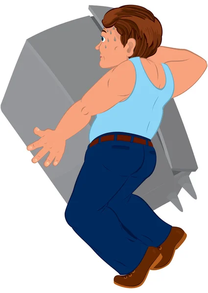Hombre de dibujos animados en pantalones azules y muebles de celebración superior azul — Vector de stock