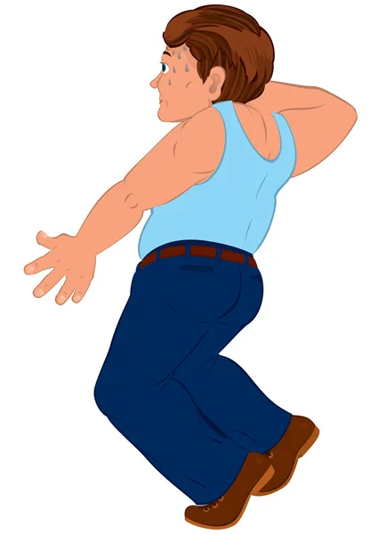 Hombre de dibujos animados en pantalones azules y la celebración superior azul — Vector de stock