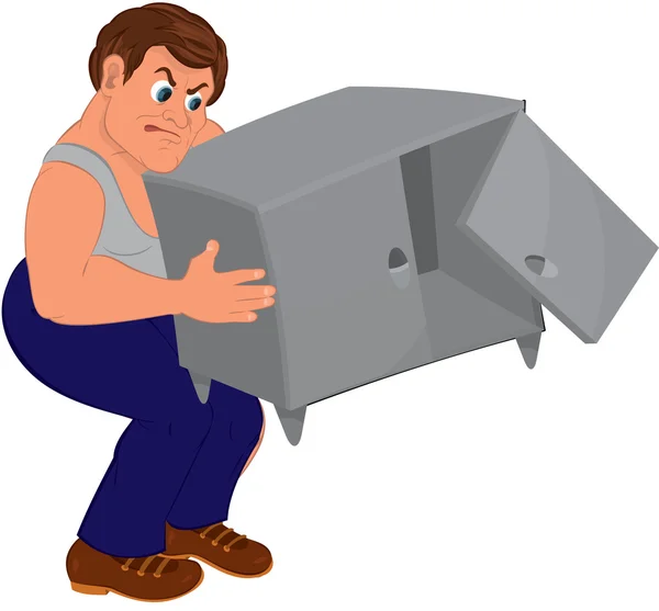 Hombre de dibujos animados en pantalones azules y muebles grises de la celebración superior — Vector de stock