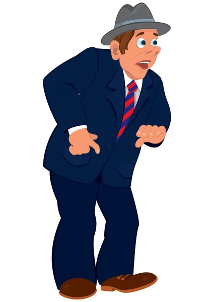Uomo cartone animato in abito blu cravatta a righe e cappello grigio — Vettoriale Stock