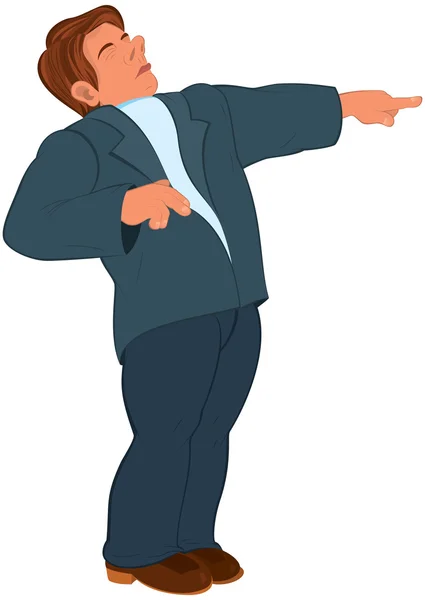 Cartoon man in blue suit pointing with index finger with closed — Stock Vector