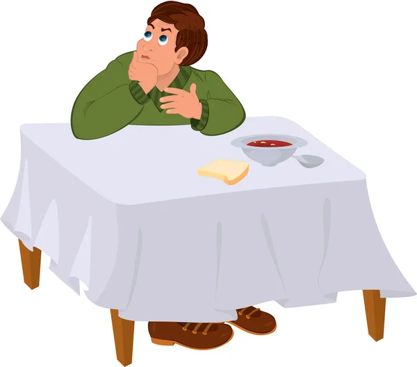 Άνδρα καρτούν στο πράσινο πουλόβερ που κάθεται κάτω από το τραπέζι — Διανυσματικό Αρχείο