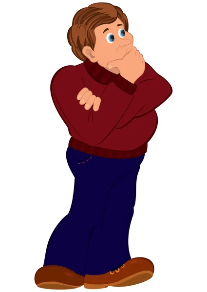 Hombre de dibujos animados en suéter rojo tocándose la barbilla — Archivo Imágenes Vectoriales