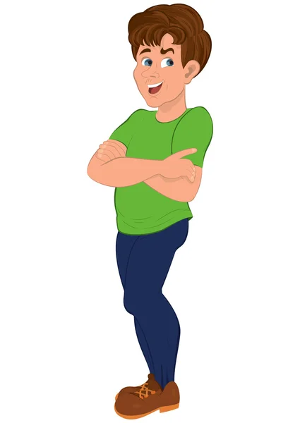 Homem dos desenhos animados em t-shirt verde e calças de suor azul — Vetor de Stock