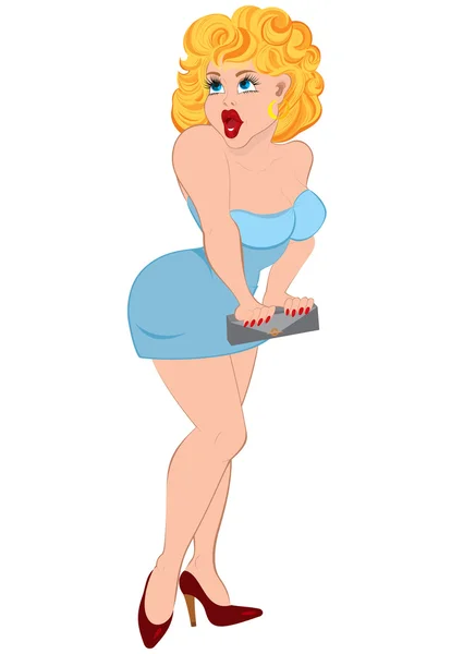 Cartoon sexy obligatie vrouw in blauwe jurk — Stockvector