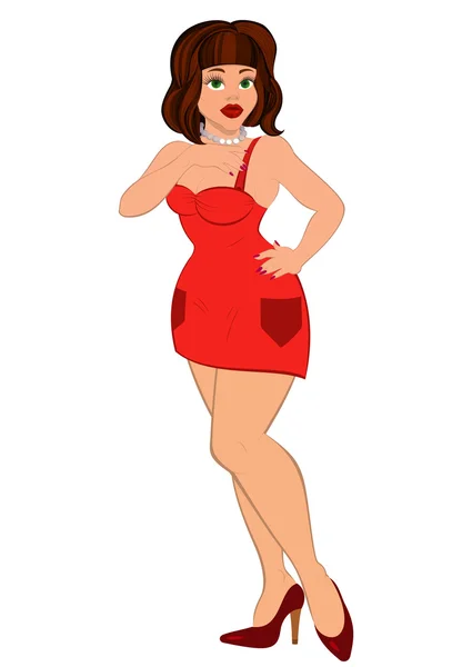 Dibujos animados mujer sexy en mini vestido rojo — Vector de stock