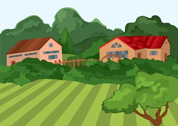 Case di villaggio dei cartoni animati con campo verde e alberi — Vettoriale Stock