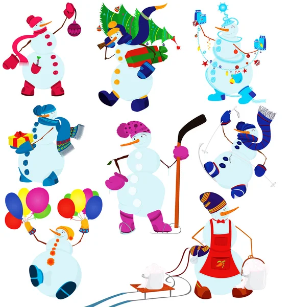 Jeu de bonhomme de neige dessin animé et ballons — Image vectorielle