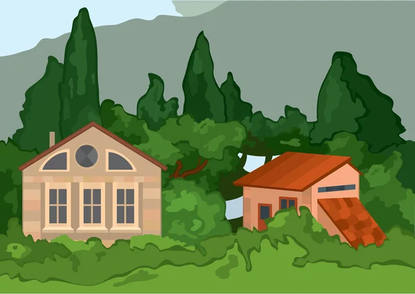 Maisons de village animées avec arbres — Image vectorielle