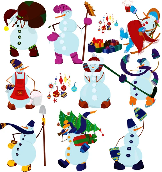 Cartoon snowman set and presents — Stock Vector