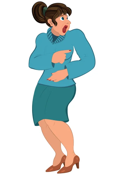 Mujer de dibujos animados en suéter azul y falda azul — Vector de stock