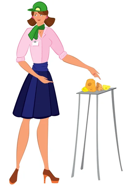 Cartoon woman in green hat offering cheese samples — Stock Vector