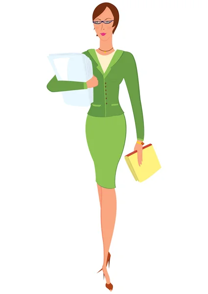 Cartoon woman in green suit holding papers — Stock Vector