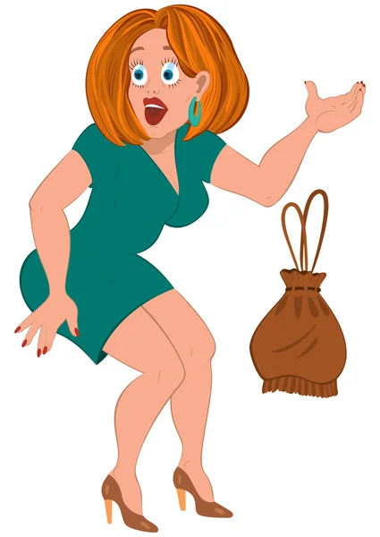 Çizgi film yeşil elbise ve kahverengi çanta kadında — Stok Vektör