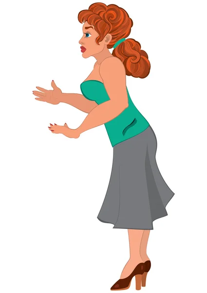Mujer de dibujos animados en top verde y falda marrón — Archivo Imágenes Vectoriales