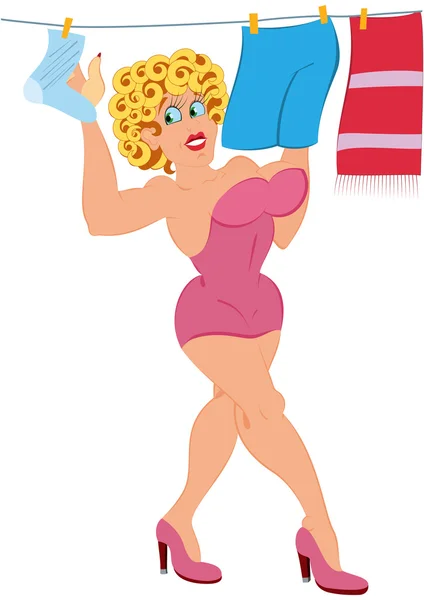 Cartoon woman in pink dress hanging laundry — Stock Vector