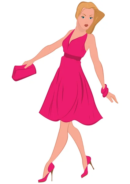 Cartoon kvinna i rosa klänning promenader — Stock vektor