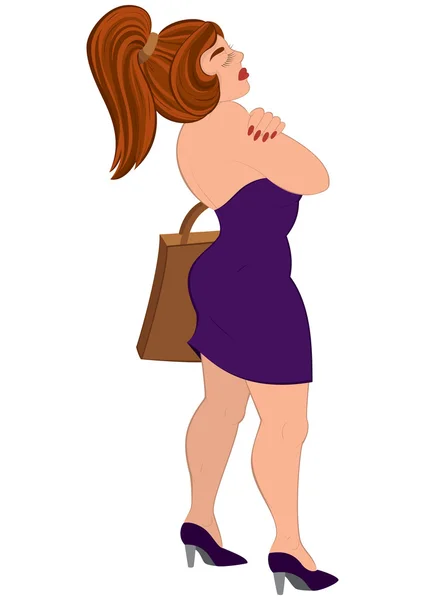 Cartoon-Frau im lila Kleid mit geschlossenen Augen — Stockvektor
