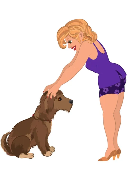 Мультфильм женщина в фиолетовом наряде с собакой — стоковый вектор