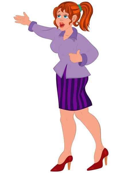 Cartoon woman in purple shirt and striped skirt — Stock Vector