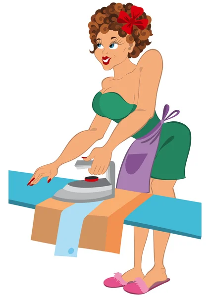 Cartoon woman in red slippers ironing — Stock Vector