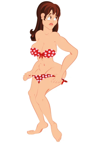 Cartoon woman putting on red swimsuit — Stock Vector