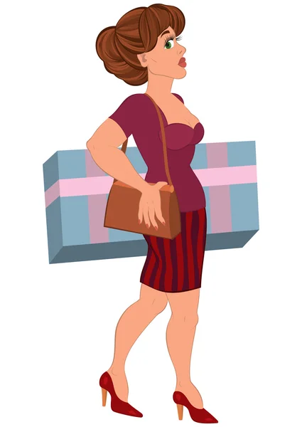 Cartoon woman with big box in striped skirt — Stock Vector