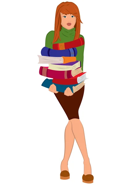 Cartoon young woman holding stack of books — Stock Vector