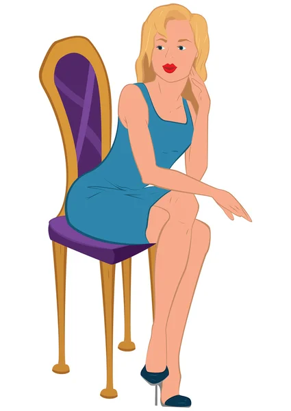 Cartoon junge Frau in blauem Kleid sitzt auf lila Stuhl — Stockvektor