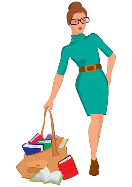 büyük bir çanta dolusu kitap tutan çizgi film genç kadın
