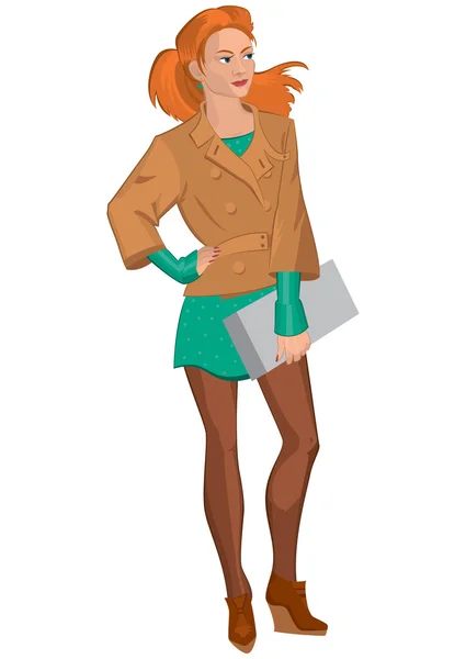 Cartoon young woman in brown jacket and green skirt — Stock Vector