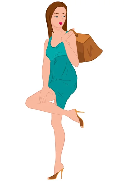 Cartoon young woman in green dress and bag over her shoulder — Stock Vector