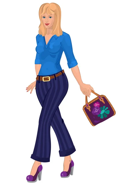 Cartone animato giovane donna in pantaloni blu con borsa viola — Vettoriale Stock